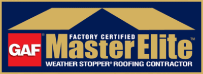 GAF Master Elite roofing certification logo with weather stopper roofing contractor badge.