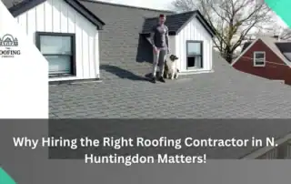 A man and a dog on a residential roof in North Huntingdon.