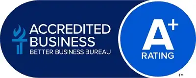 A+ Better Business Bureau rating badge for The Roofing Company in Pittsburgh.